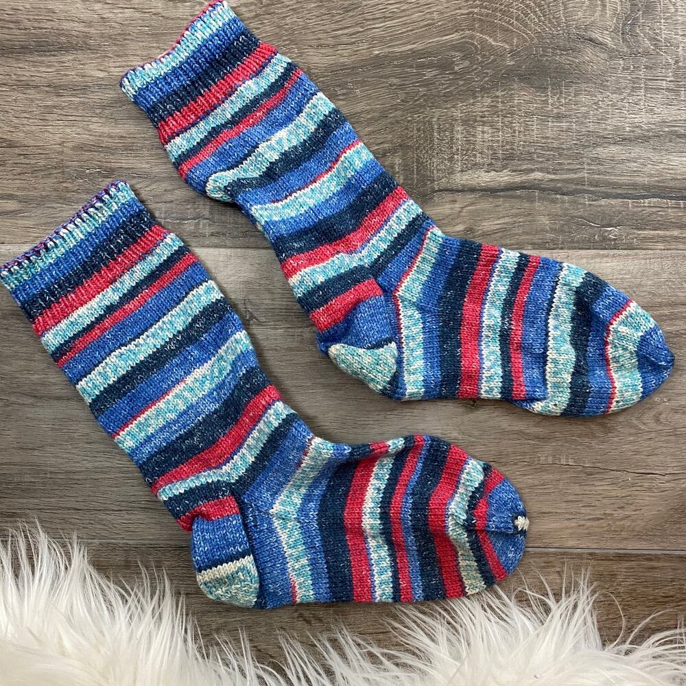 Hand Knit Womens Wool Socks Blue Pink Striped